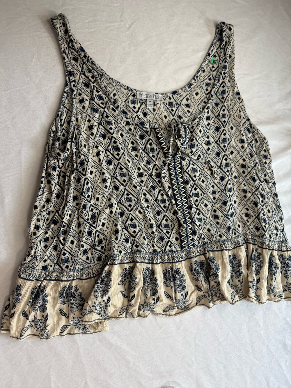 Boho Geometric & floral Printed Cream and Navy Sleeveless Ruffle Tank Top M